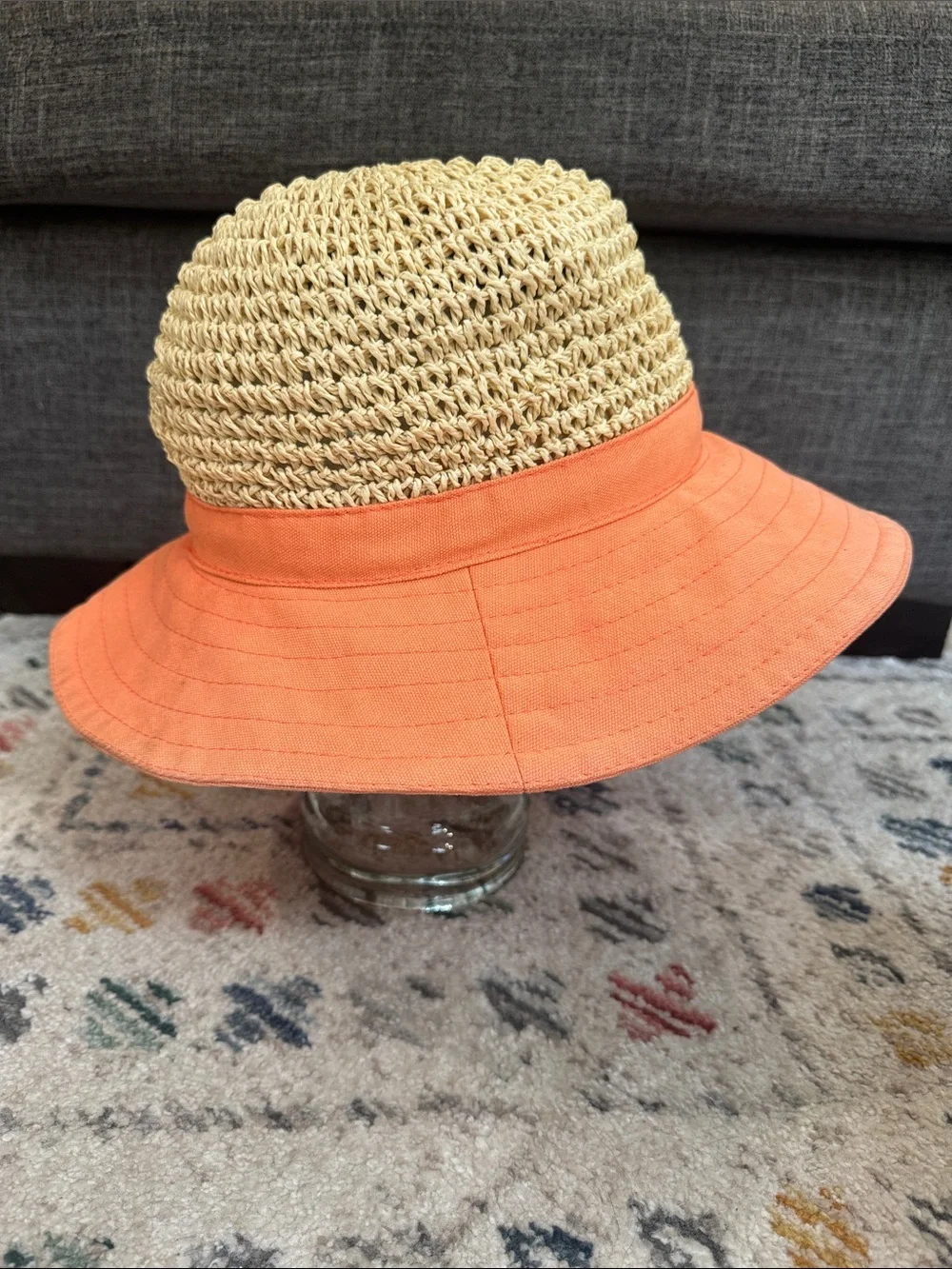 Vintage Y2K Tropical Trends Crochet Straw Sun Hat Coral Peach Wide Brim - Picture 4 of 7